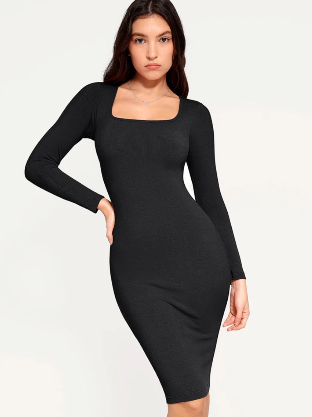 Popilush Square neck shapewear Black Long Sleeve Midi Dress M ribbed knit